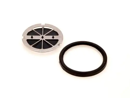 BOSCH Membranteller und O-Ring, aus Metall und schwarzem Gummi, für technische Anwendungen. Teile sind nicht miteinander verbunden und liegen separat.